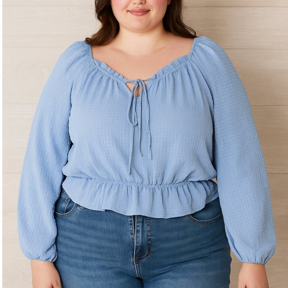 Arula Blue Textured Peasant Blouse Size 1X 14/16 Long Sleeve Boho Top Women’s